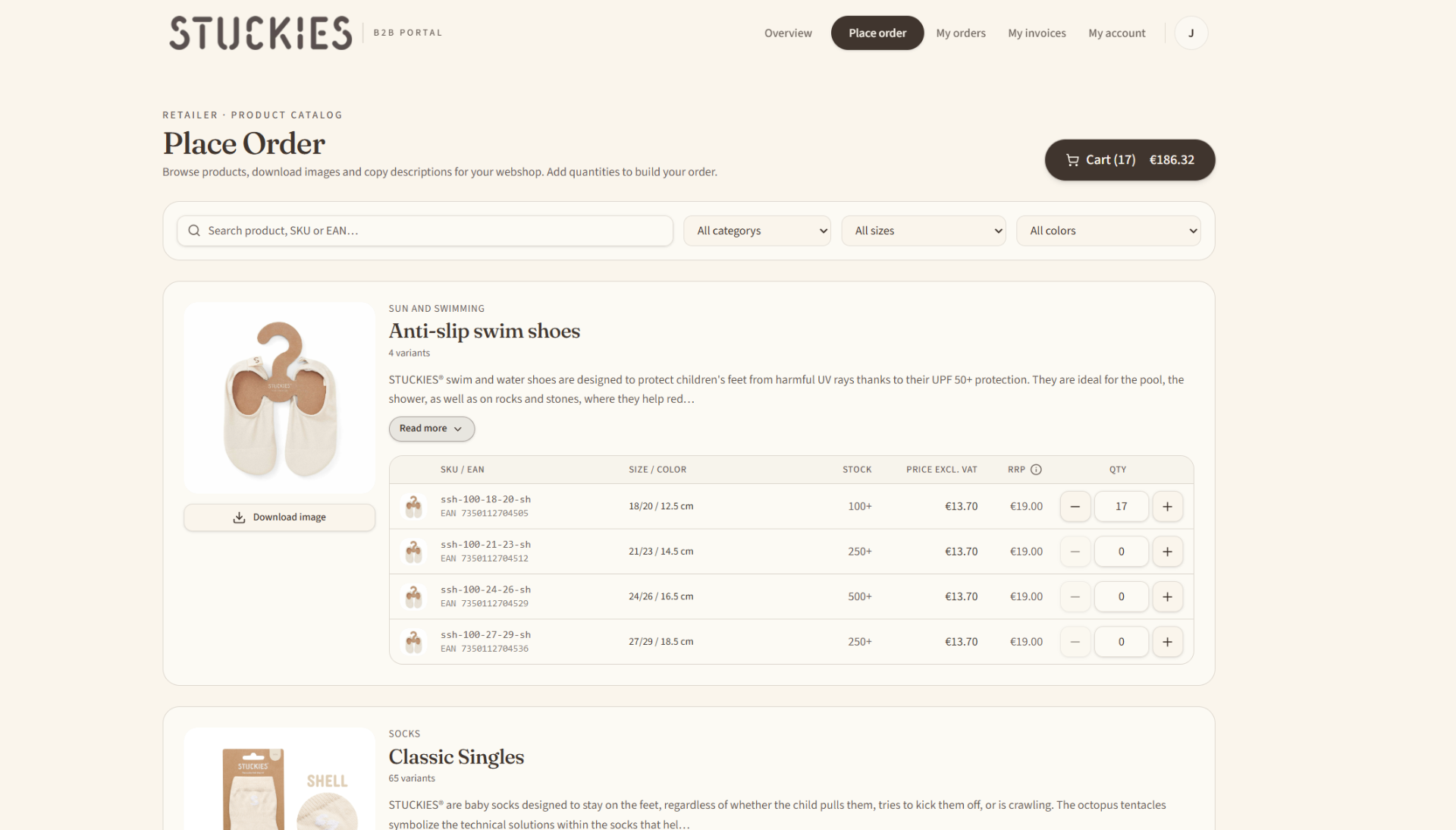 Stuckies retailer portal — The whole range in one view